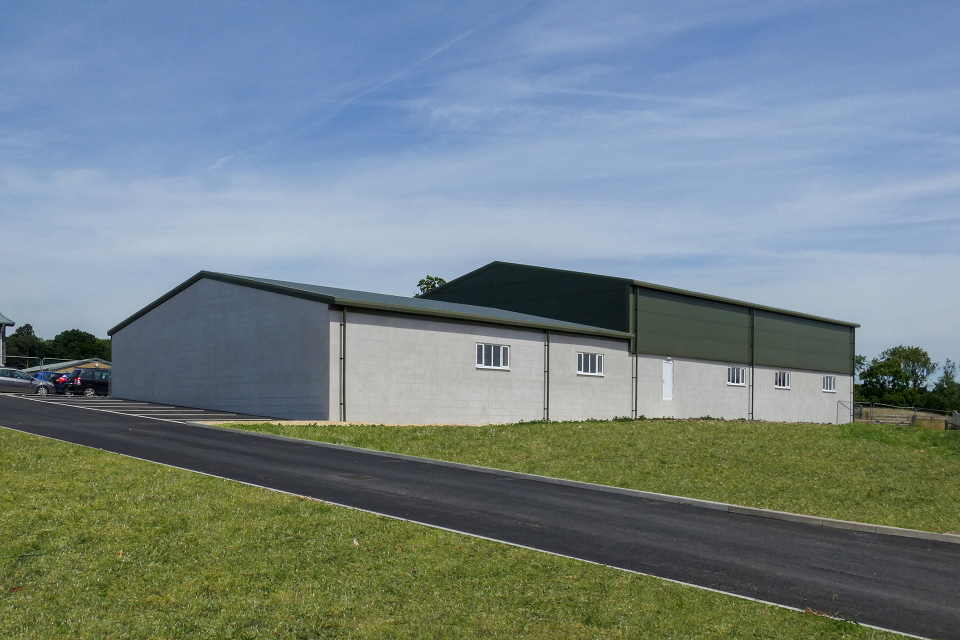rear view of new industrial units with metal cladding and blockwork