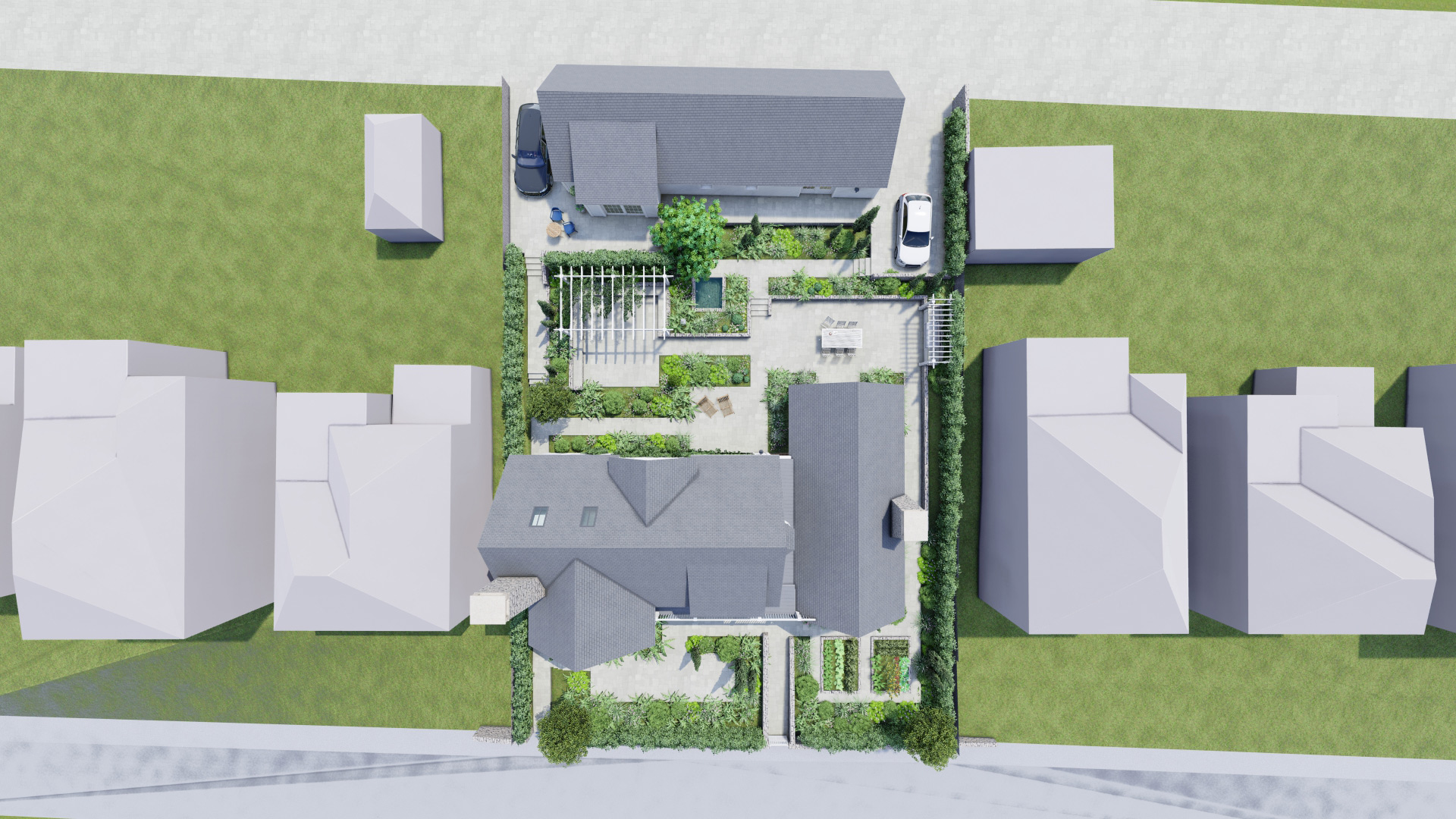 birds eye view visual of house with landscaped garden