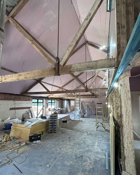 interior of music studio under construction with exposed beams