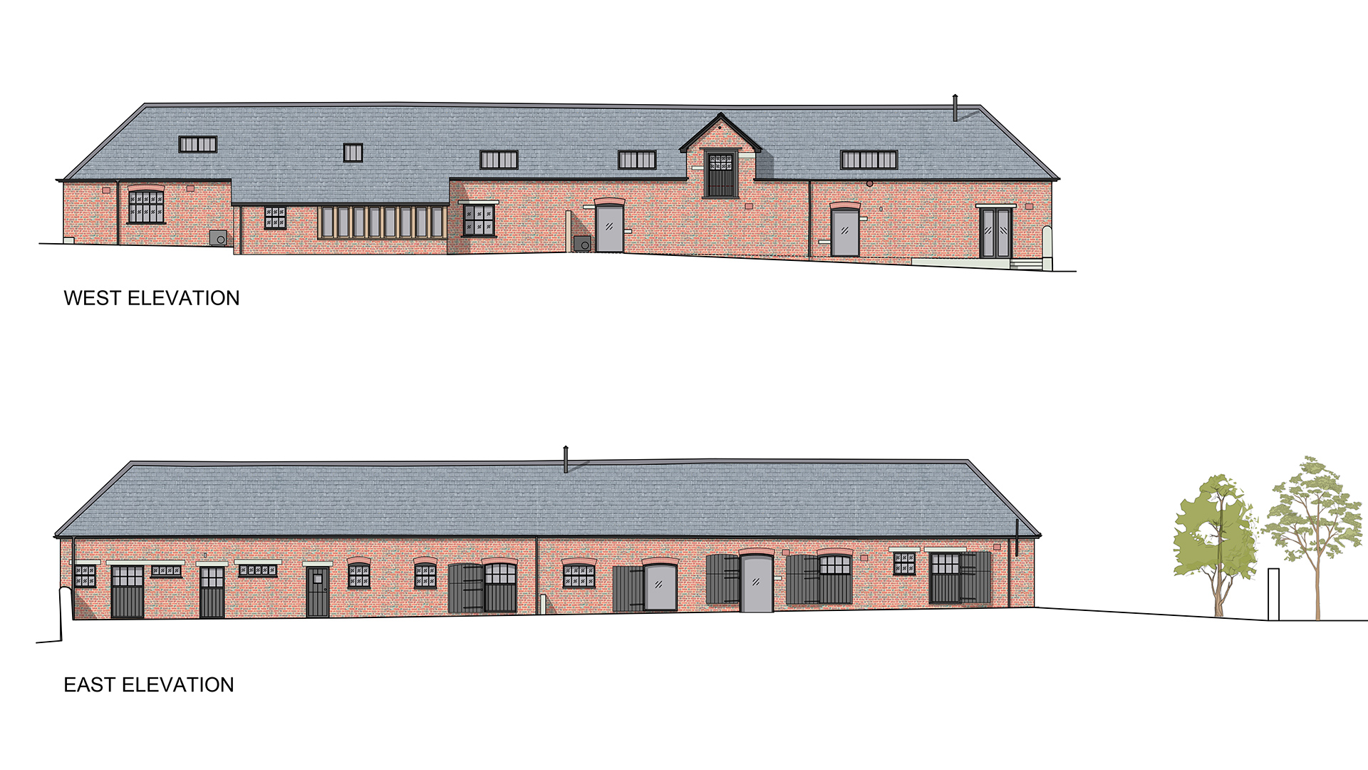 elevations of red brick barn conversion with barn doors and grey tiled roof