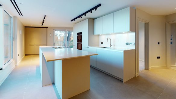 Contemporary kitchen in white tones with kitchen island