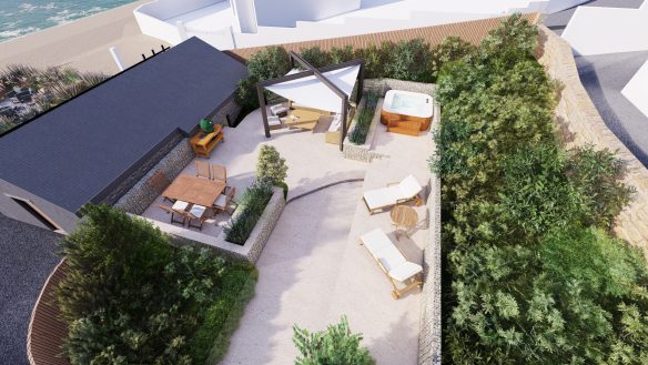 aerial visual of garden and outside patio area with hot tub