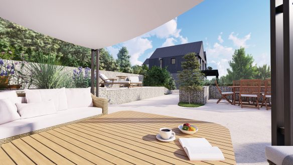 visual of outside seating area facing towards contemporary house