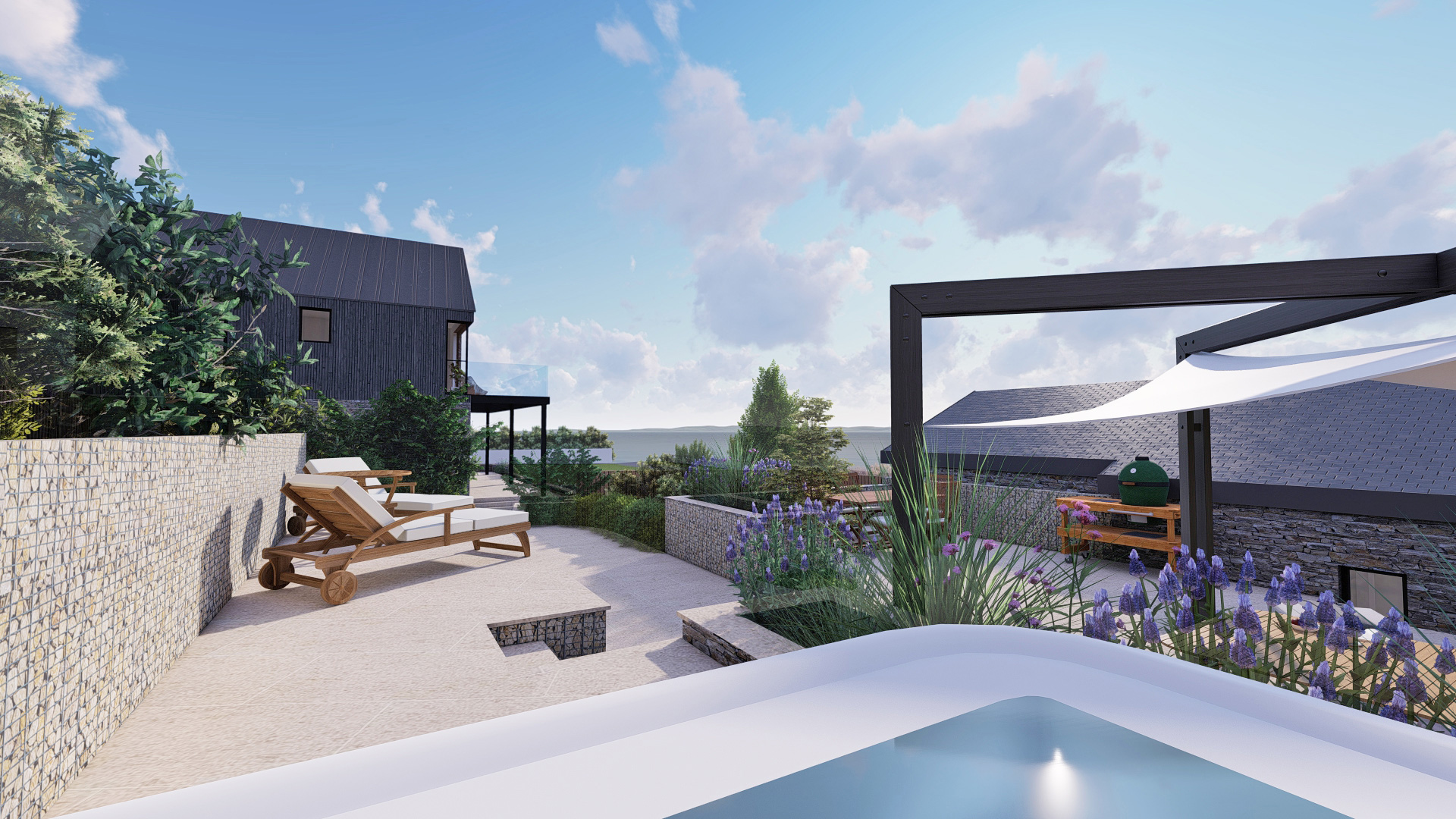 visual of outside seating area facing towards contemporary house with sea views