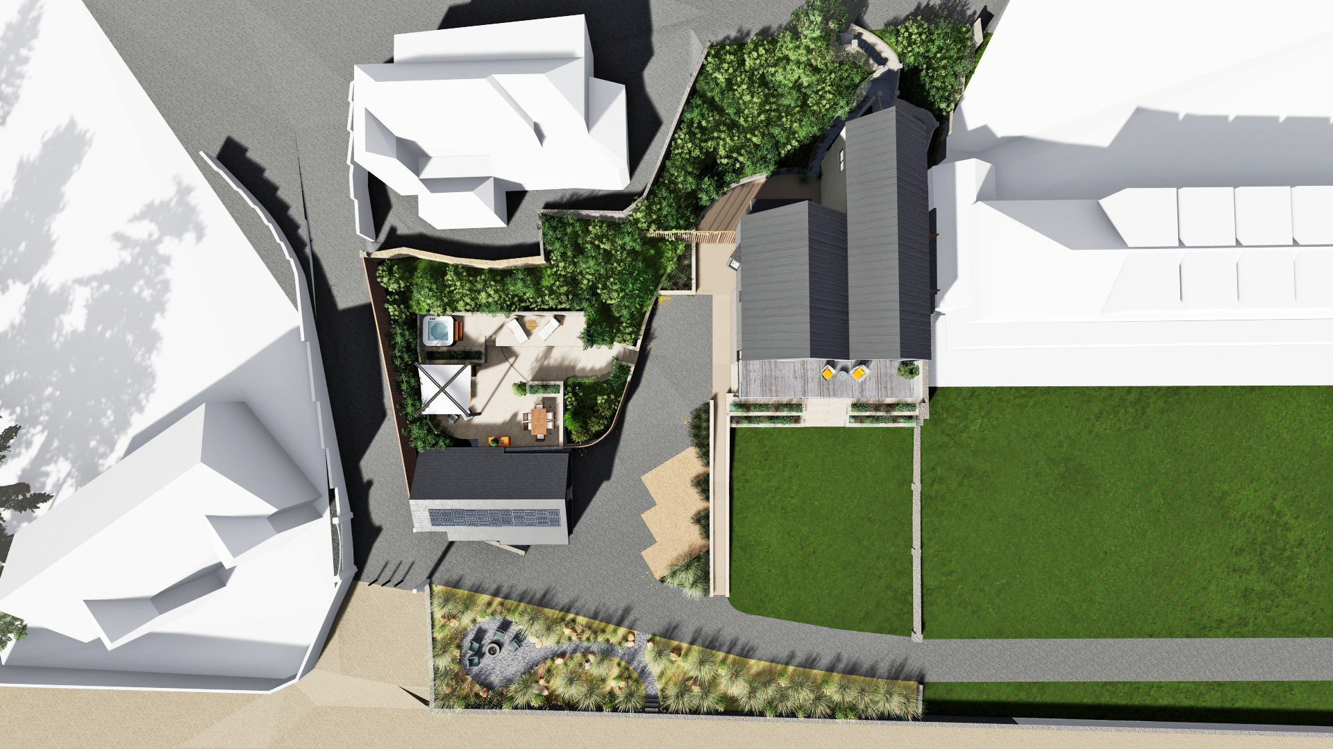 visual aerial of modern house and garden with patio area