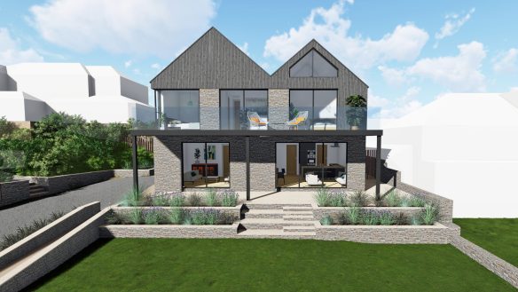 house elevation from garden with balcony on first floor