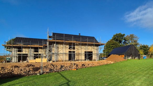 New home under construction with scaffolding