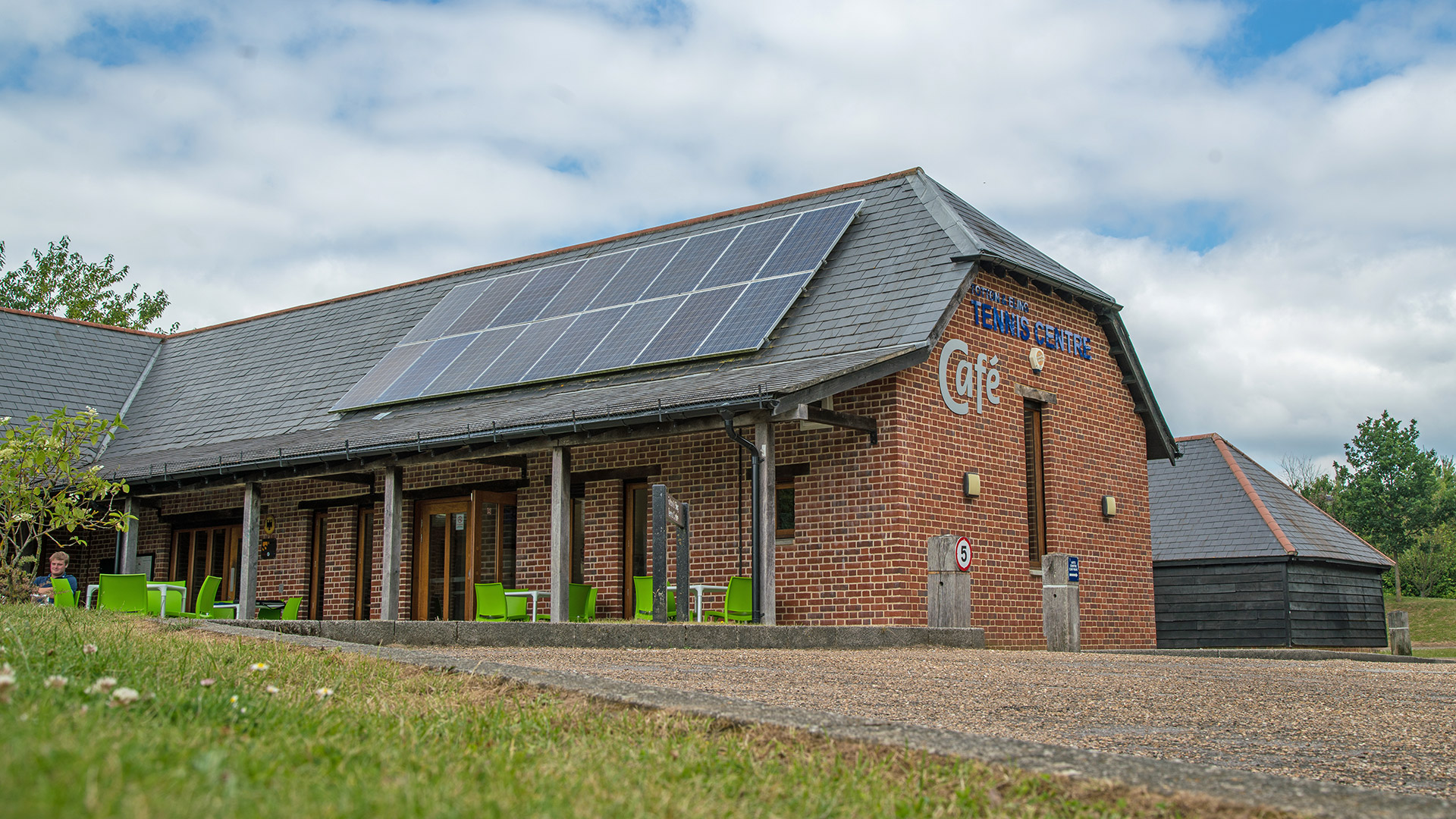 tennis club sports centre café with solar panels on the roof