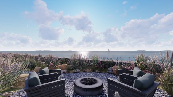 visual of seating area in garden overlooking sea