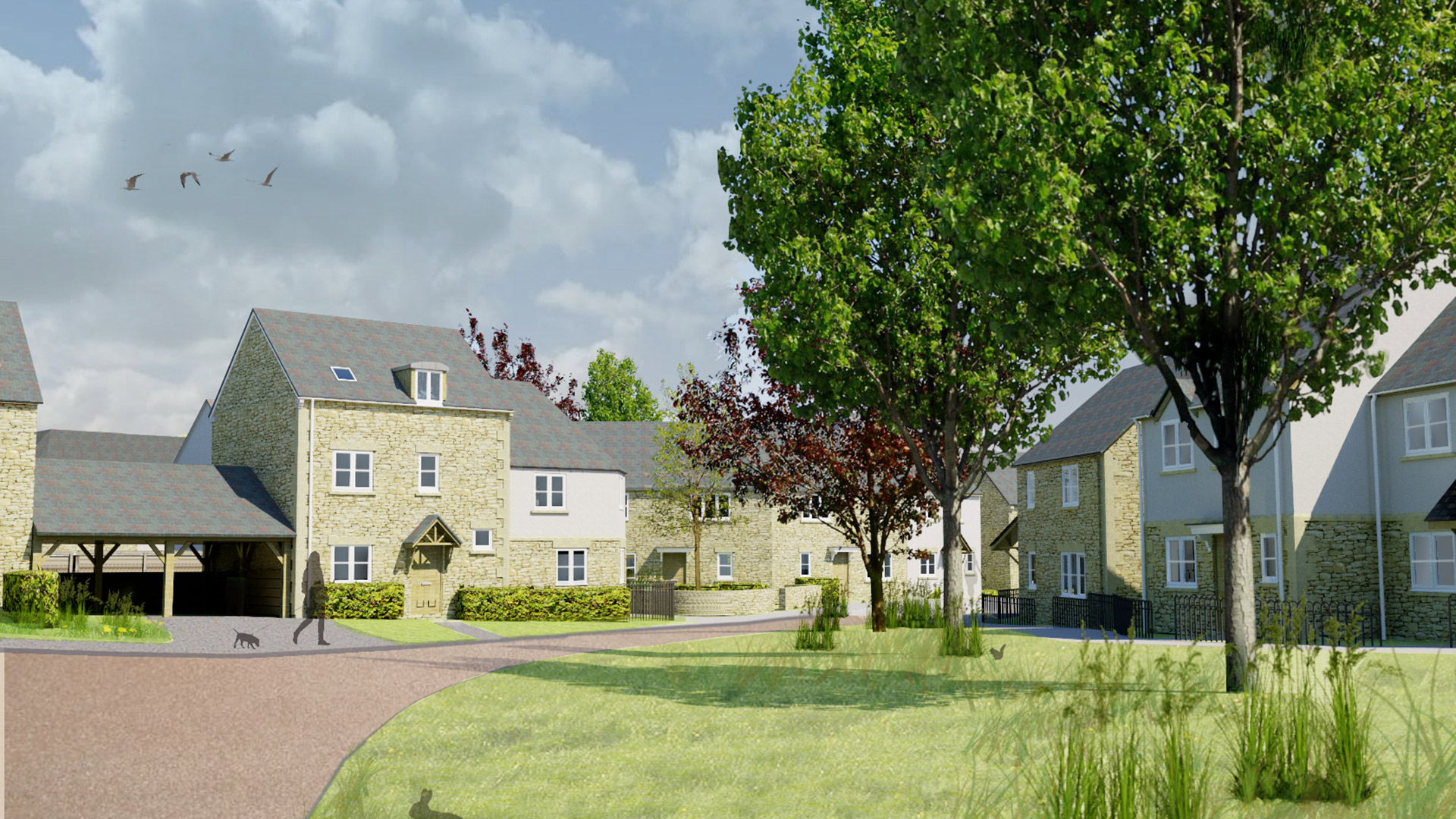 street scene visual of houses with green spaces in front