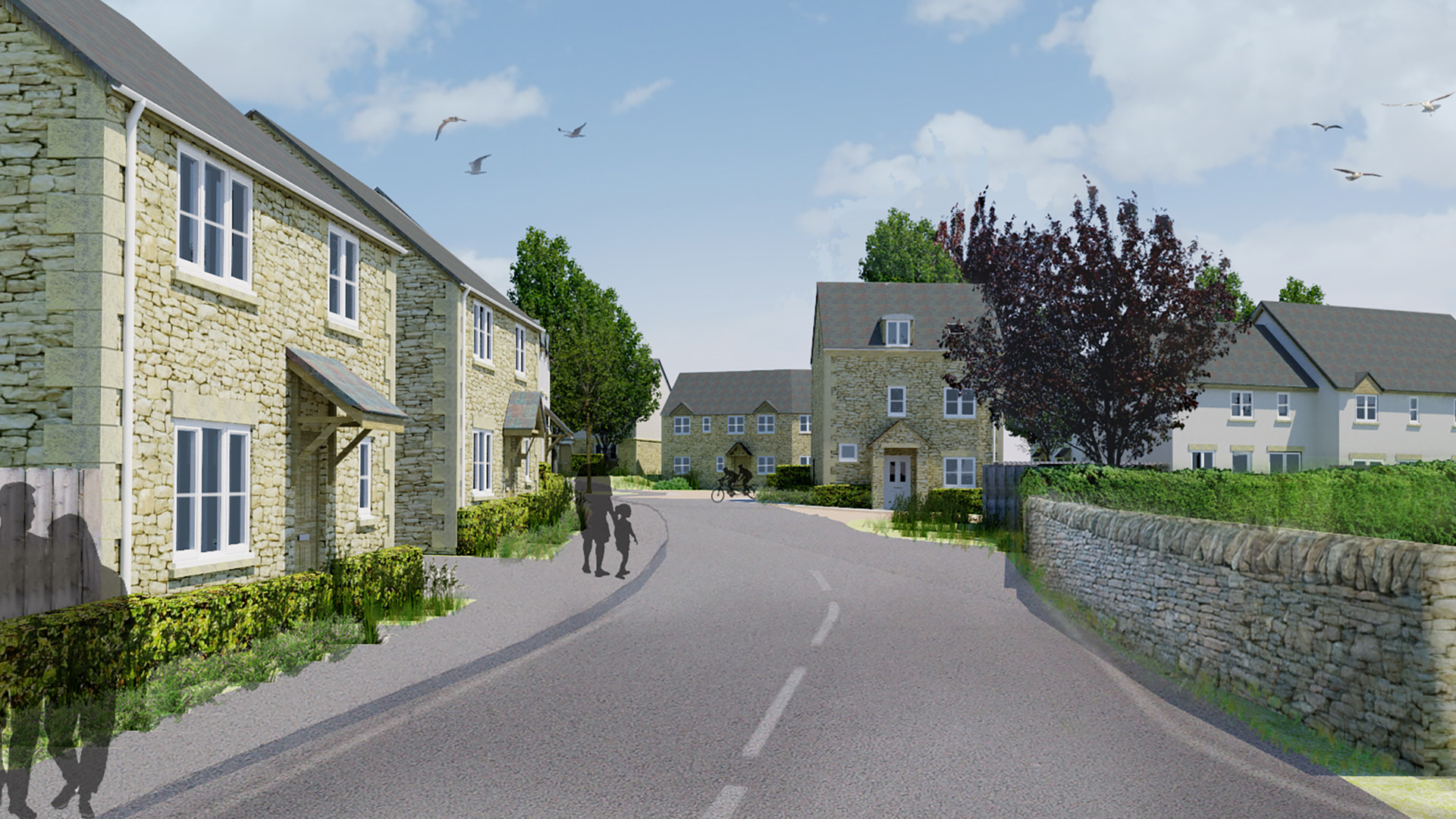 street scene visual of stone wall detached houses